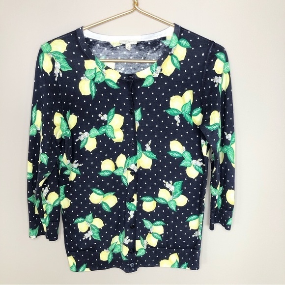 TALBOTS navy blue cotton & rayon cardigan with yellow lemons print S - Picture 1 of 6